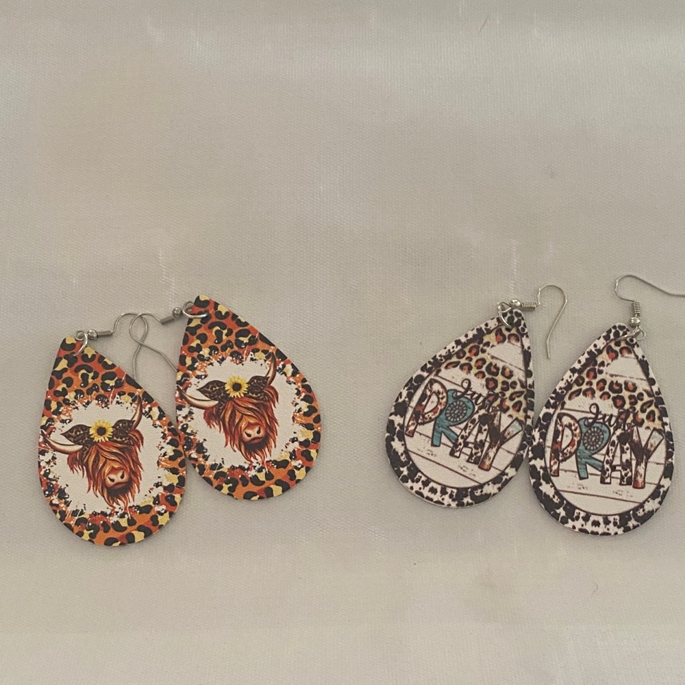 2 for $10 Leopard Print earrings say Just Pray. Other ones have a Cow on them.